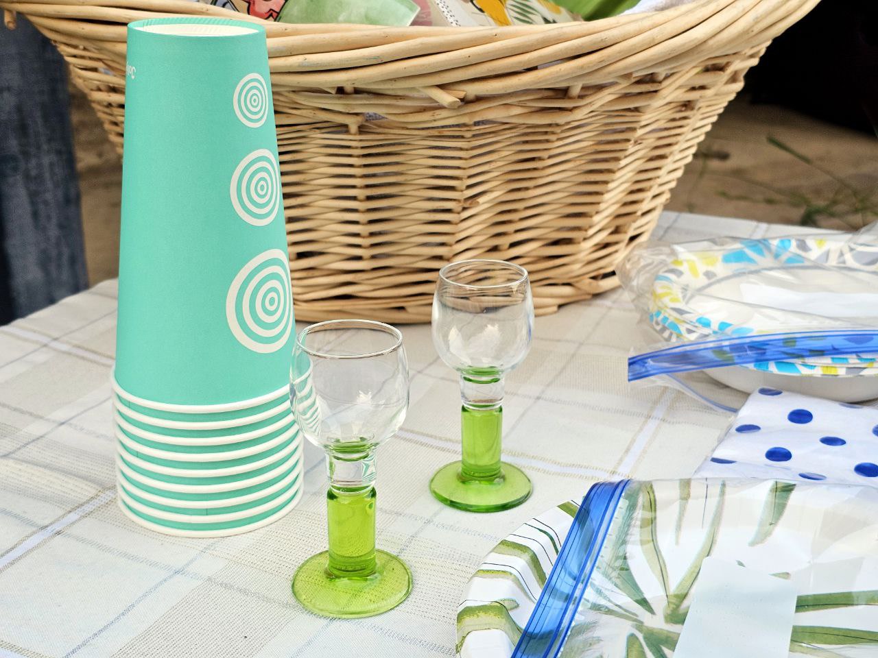 Picnic supplies for an RV rental trip: turquoise cups, green glasses, and paper plates on a plaid tablecloth.