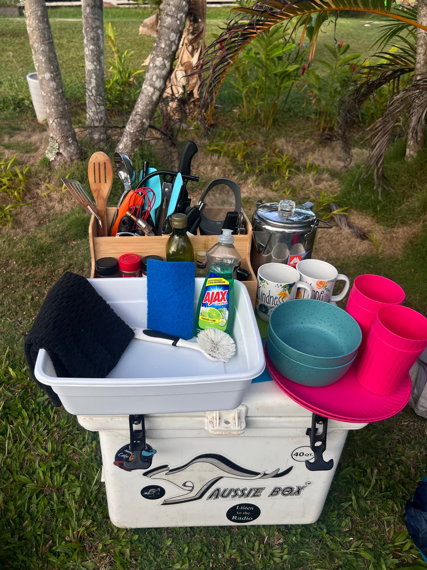RV rental ready! Organized outdoor kitchen setup on a cooler, with cooking tools, dishware, and cleaning supplies for camp meals.
