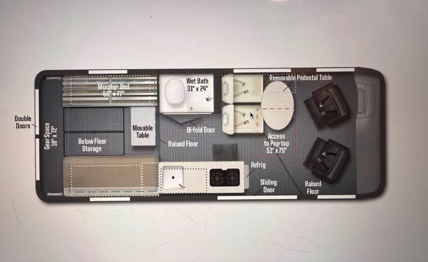  dry grass. Perfect wildlife viewing for your next RV rental adventure!|RV rental floor plan detailing a compact interior layout with Murphy bed — photo 6