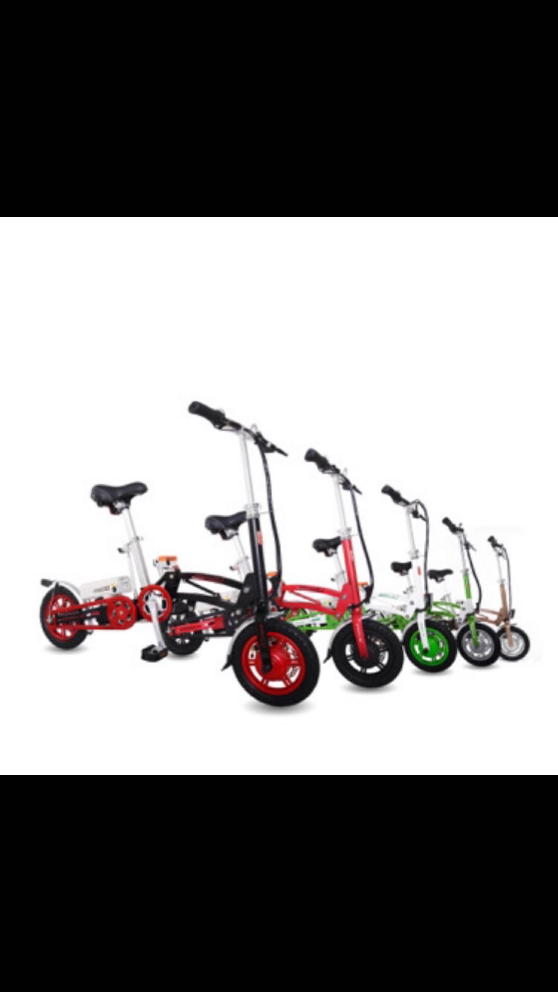 Compact foldable electric bikes, ideal for 'rv rental' trips. These portable e-scooters come in multiple colors.