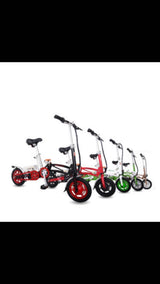 Compact foldable electric bikes, ideal for 'rv rental' trips. These portable e-scooters come in multiple colors.