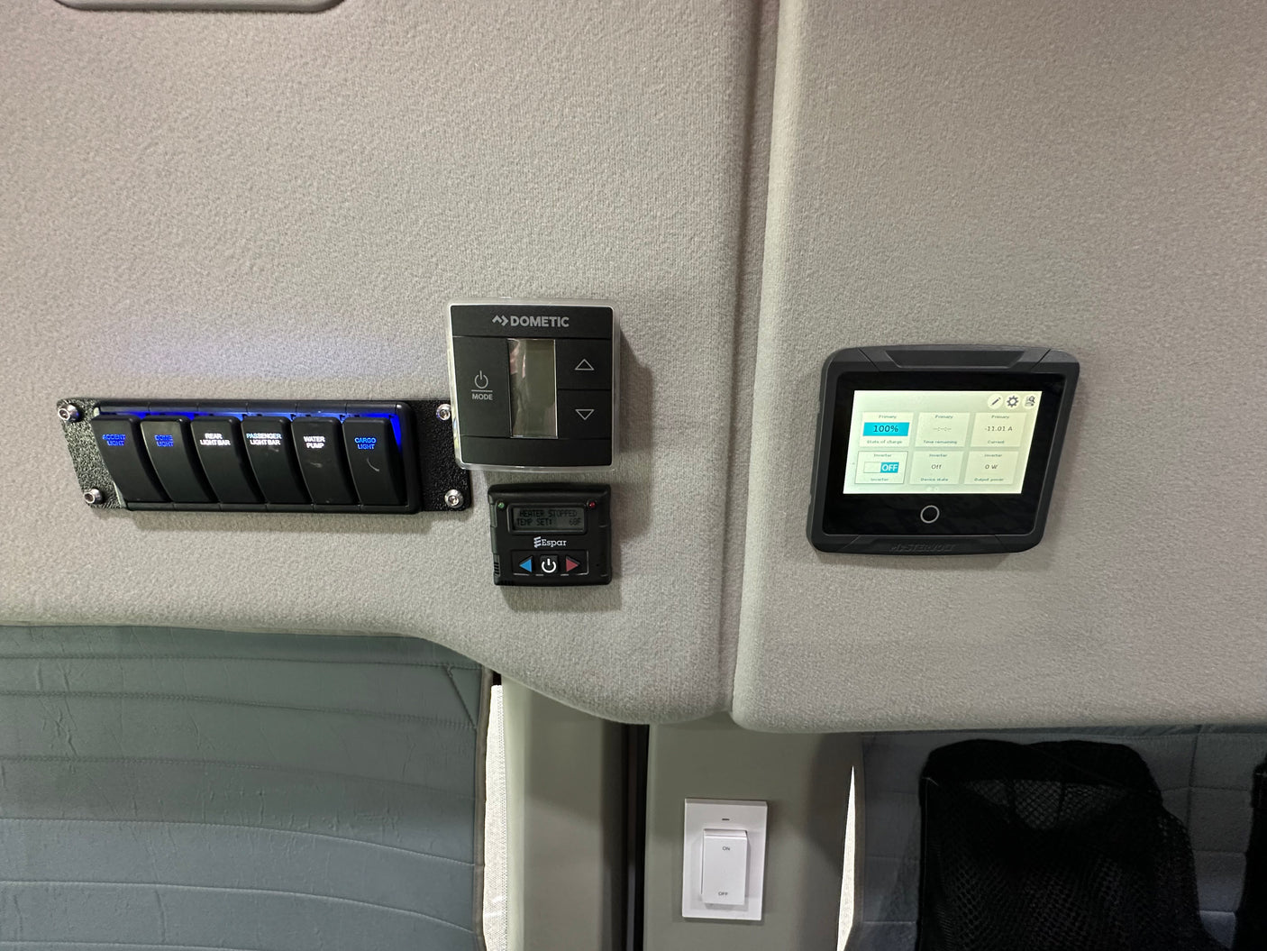 RV rental control panels: Dometic HVAC, Espar heater, Mastervolt power monitor (100% charged), and light/pump switches.