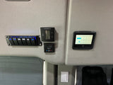 RV rental control panels: Dometic HVAC, Espar heater, Mastervolt power monitor (100% charged), and light/pump switches.