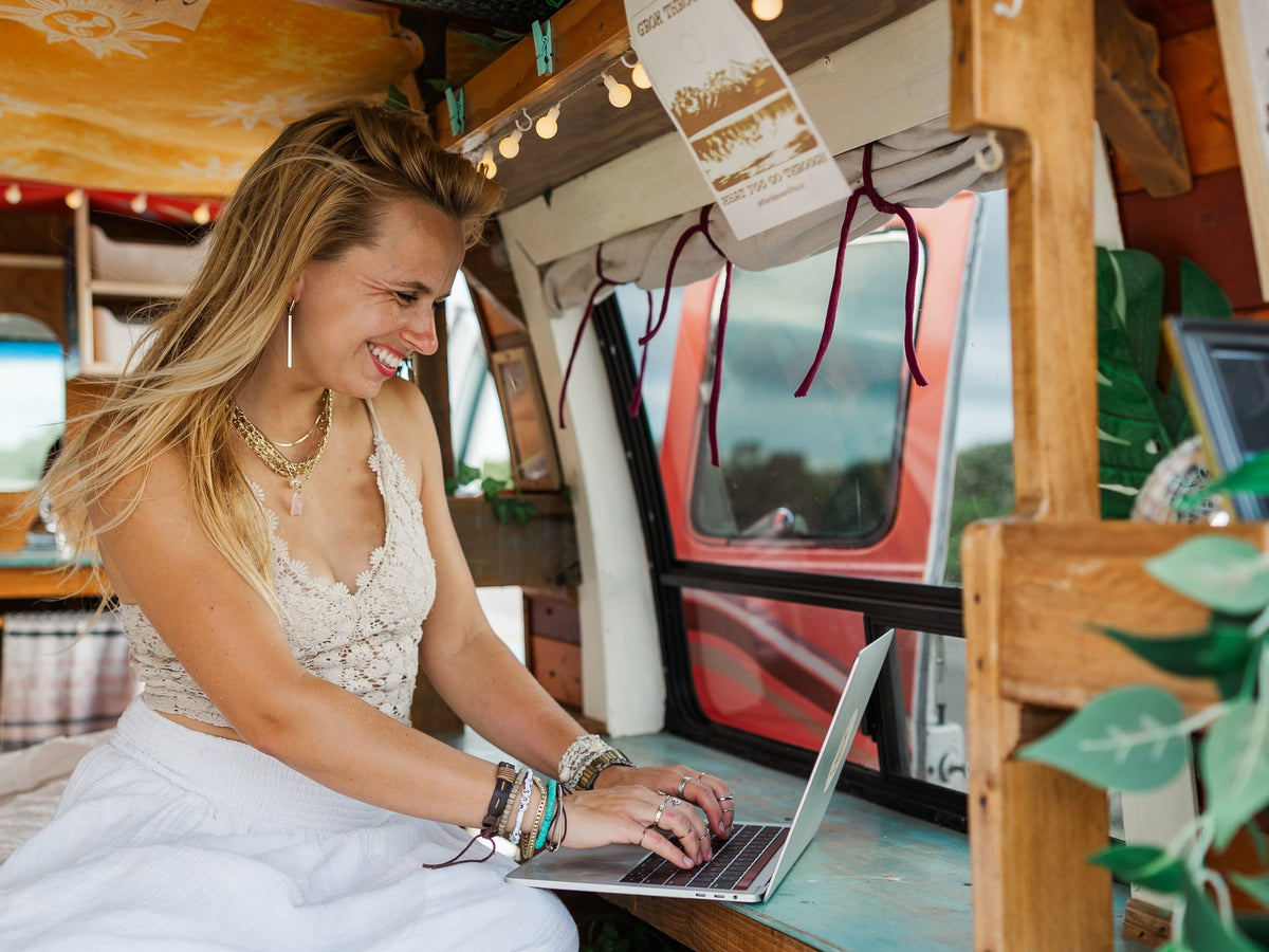  ideal for digital nomads.|Cozy RV rental adventure: Woman studies a map inside a beautifully converted camper van — photo 7
