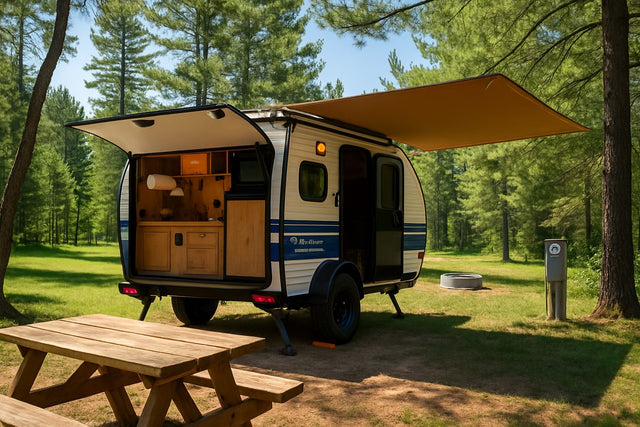  would make a great RV rental for camping.|Inside an RV rental: a compact camper kitchen with sink