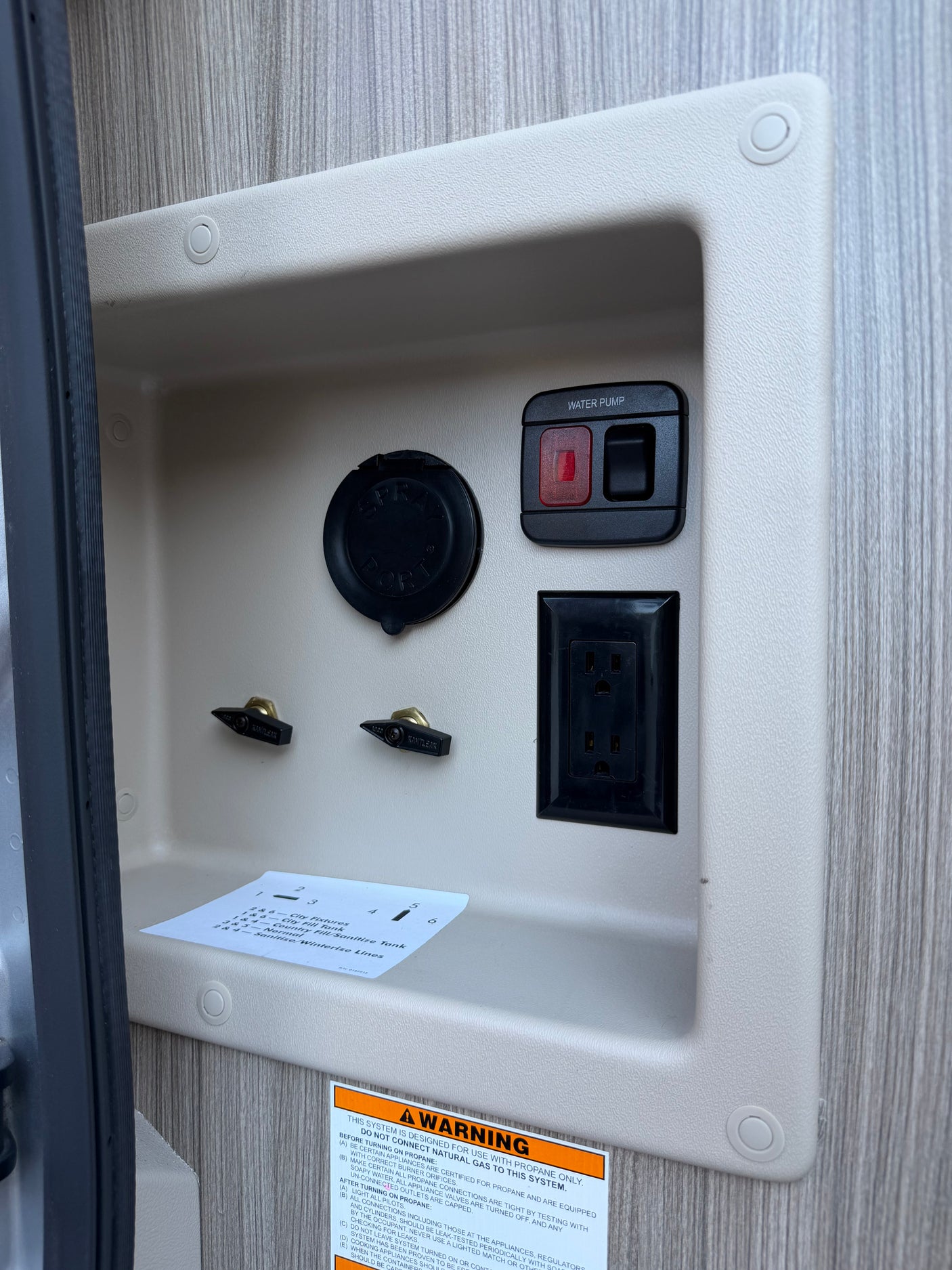 RV rental water system control panel with pump switch, electrical outlet, spray port, and multi-function water valves.