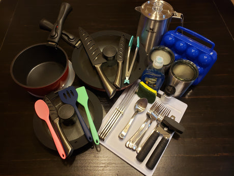 RV rental essentials: pots, pans, tools, cutlery, and cleaning supplies for your camp kitchen.