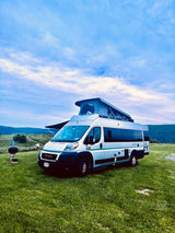  parked on gravel with palm trees & a sunny sky. Perfect for camping!|Inside a bright **rv rental**