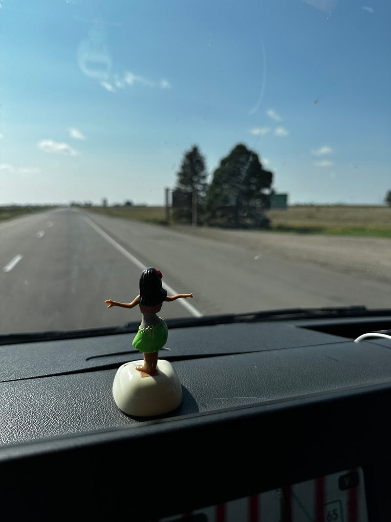 Dashboard hula girl in an rv rental, gazing at the long, empty road under a bright sky. Scenic road trip journey. — photo 5