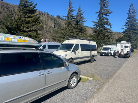 RV rental spot: Camper vans, truck camper, and a minivan with national park stickers, parked among tall trees.
