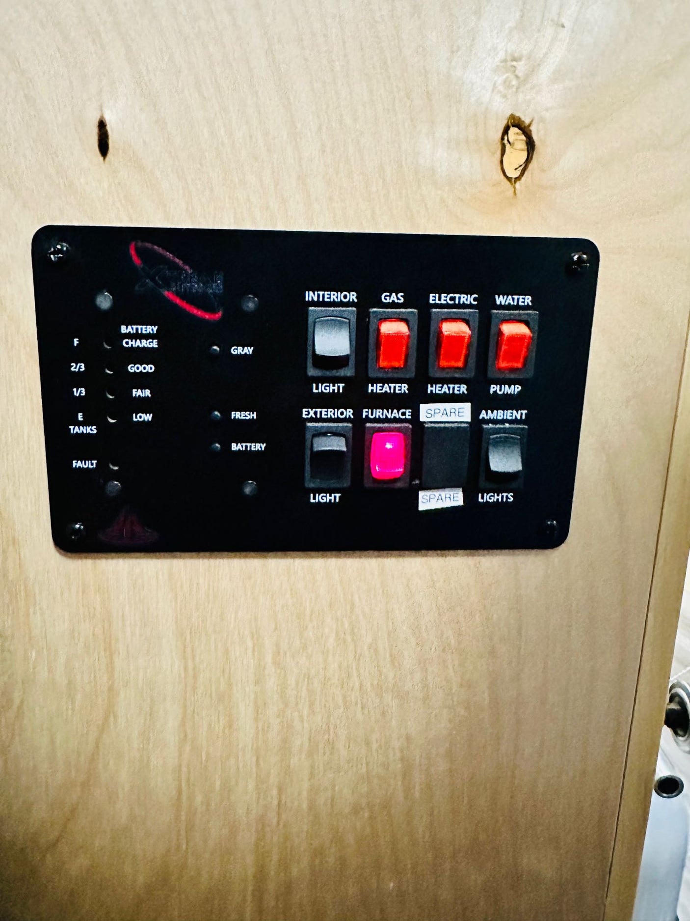 RV rental control panel: displays tank levels, battery status, and controls for interior/exterior lights, heaters, water pump, and furnace.