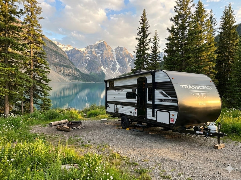 Experience serene nature from this rv rental at a lakeside campsite, with majestic mountains & clear water. — photo 2