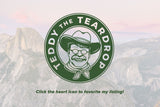 Teddy the Teardrop RV rental service logo featuring a cowboy character, set against scenic mountains.