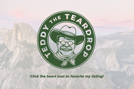 Teddy the Teardrop RV rental service logo featuring a cowboy character, set against scenic mountains.