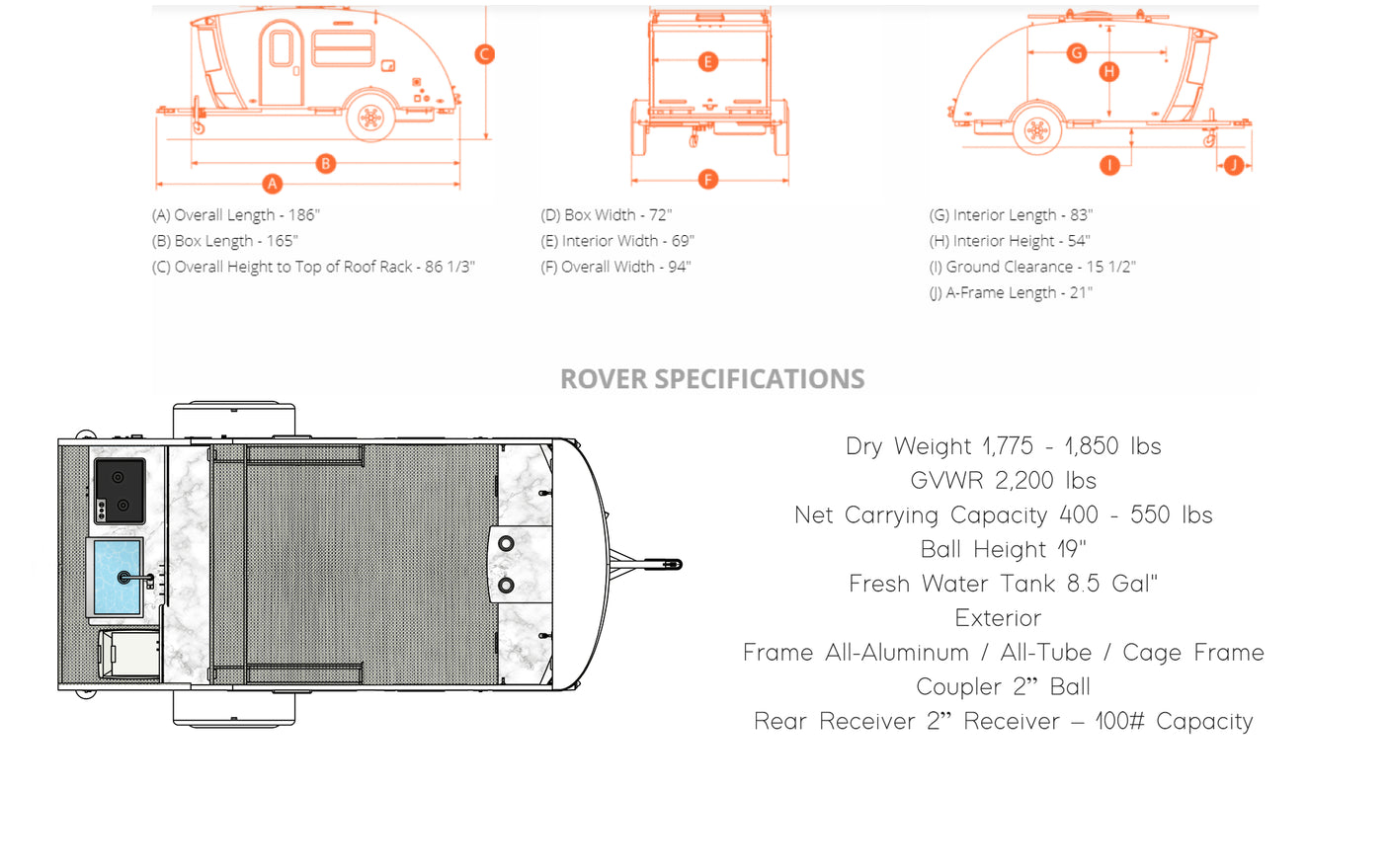 Rover travel trailer specs: dimensions, layout, and capacities for your next RV rental adventure.