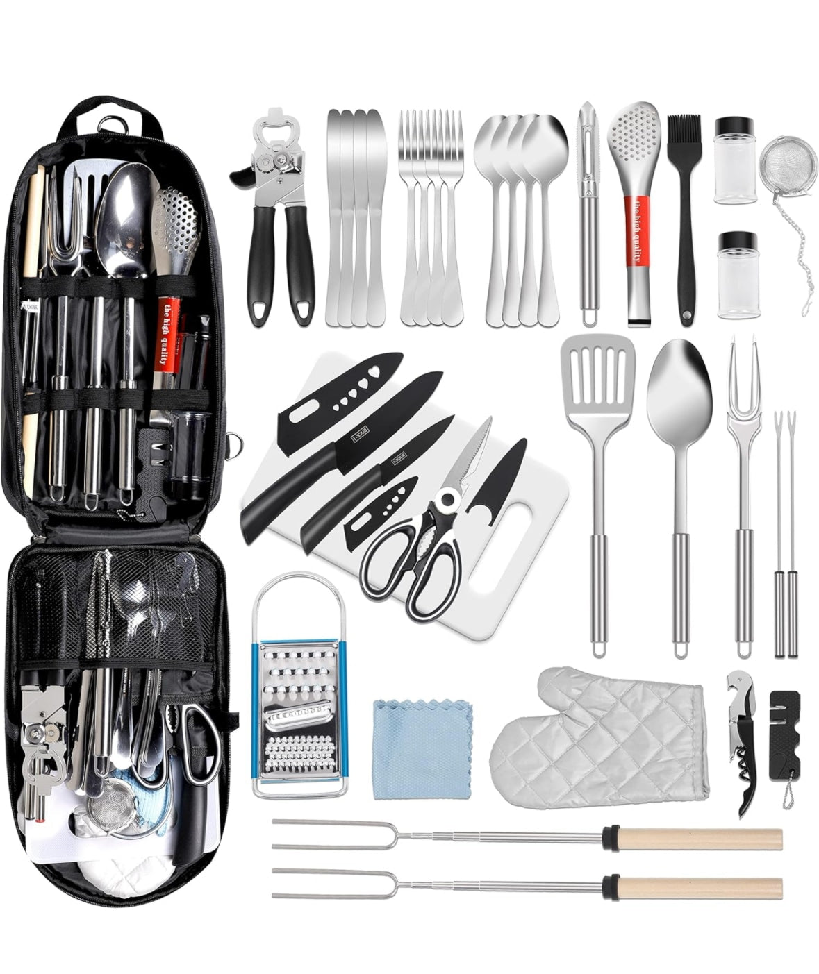 RV rental ready: A complete portable kitchen set with various utensils, knives, grater, oven mitt, and skewers.