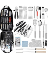 RV rental ready: A complete portable kitchen set with various utensils, knives, grater, oven mitt, and skewers.