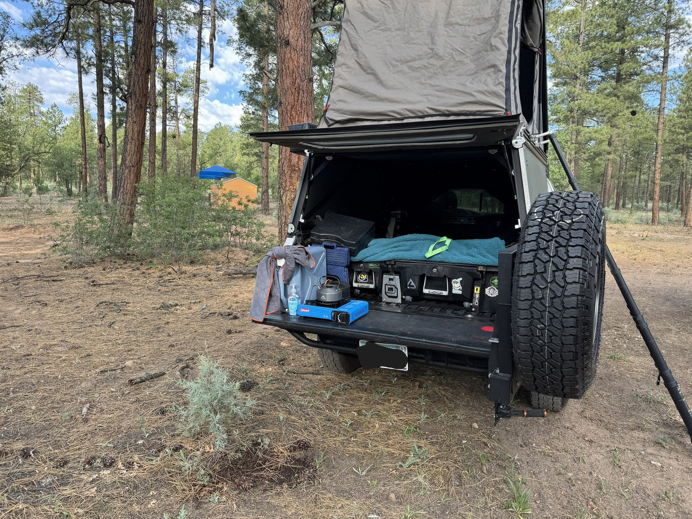 RV rental truck with a rooftop tent and open tailgate showing camping gear in a pine forest, perfect for overlanding. — photo 12