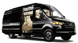 Experience luxury: Black Mercedes-Benz Sprinter van for RV rental, showcasing its plush cream interior with ambient lighting.