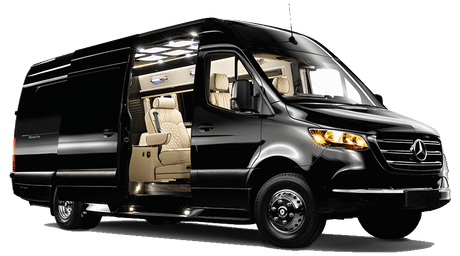 Experience luxury: Black Mercedes-Benz Sprinter van for RV rental, showcasing its plush cream interior with ambient lighting.