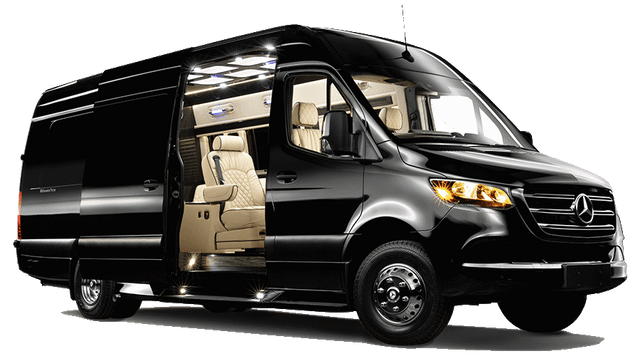 Experience luxury: Black Mercedes-Benz Sprinter van for RV rental, showcasing its plush cream interior with ambient lighting.