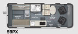 A detailed 59PX rv rental floor plan. See its efficient interior layout with Murphy bed, wet bath, kitchen, and flexible seating.