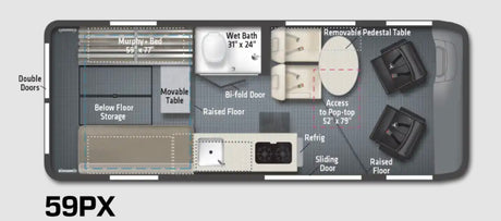 A detailed 59PX rv rental floor plan. See its efficient interior layout with Murphy bed, wet bath, kitchen, and flexible seating.