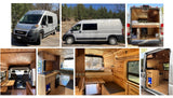 Custom wood-built RV rental camper van. See exterior, interior kitchen, bed, and seating areas.