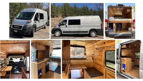 Custom wood-built RV rental camper van. See exterior, interior kitchen, bed, and seating areas.