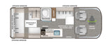 RV rental floor plan: 74x71" sofa bed, kitchen (fridge, cooktop, micro), shower, swivel chairs, and removable tables.