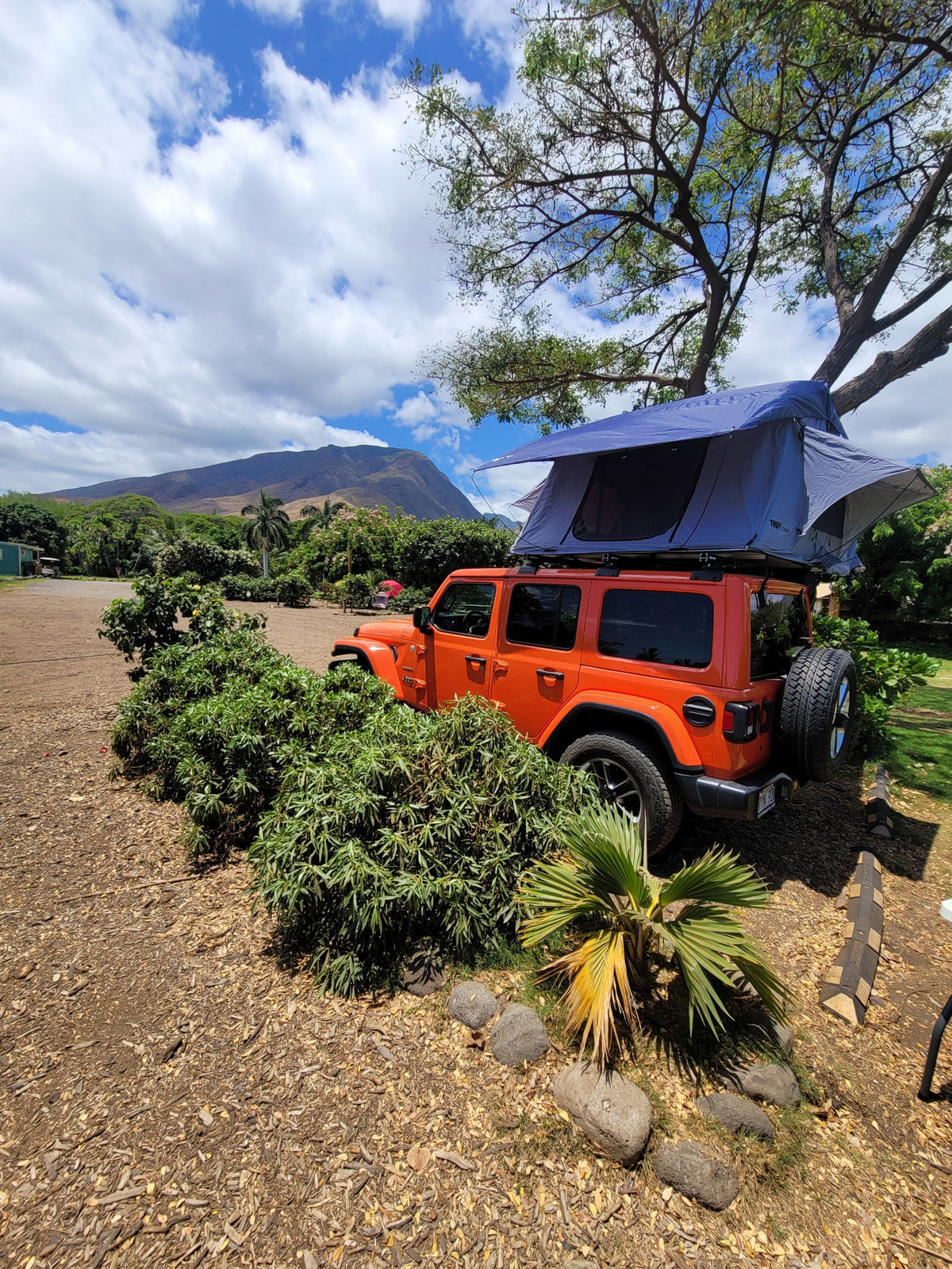 An orange Jeep Wrangler with an open blue rooftop tent, offering a unique RV rental experience in a natural, mountainous landscape. — photo 2