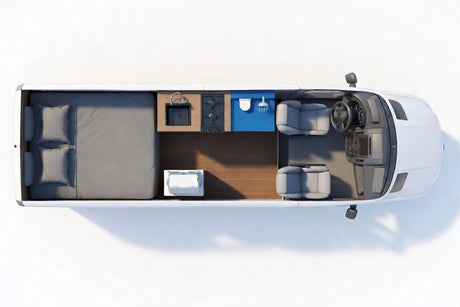 Overhead view of a compact RV rental interior, featuring a bed, kitchenette, wet bath, and cockpit. Ideal for van life.