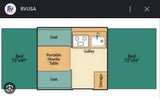 Detailed RV rental floor plan shows camper layout with beds (72"x40", 72"x56"), galley, dinette, and storage.
