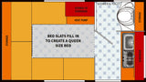 RV rental interior floor plan: queen bed, shower/toilet, kitchen, stereo-TV, heat pump, and storage options.