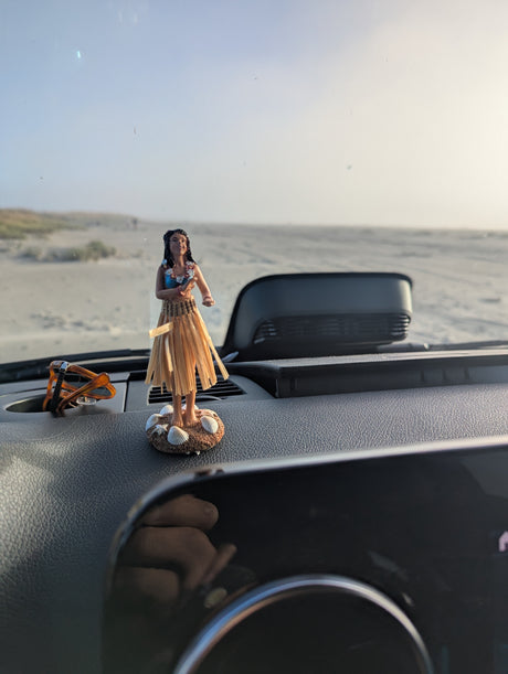 RV rental dashboard scene: a hula girl, sunglasses, and a hand's reflection, with a vast sandy beach beyond.