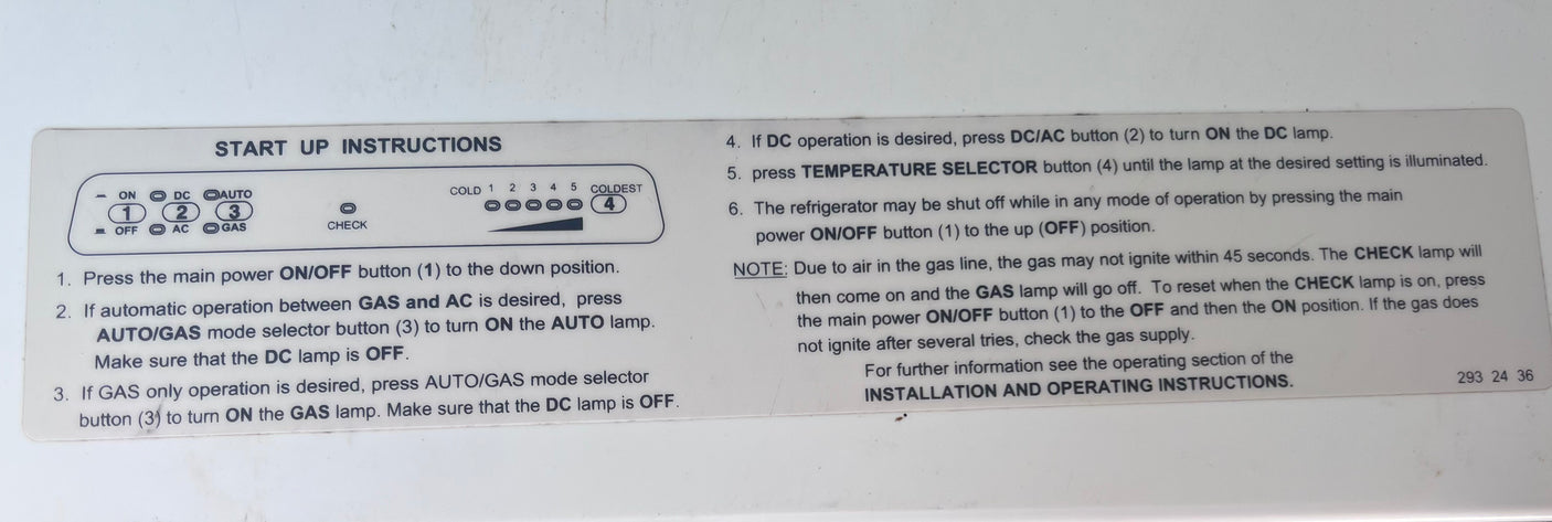 RV rental refrigerator start-up instructions detailing power modes (DC, AC, Gas) and temperature settings for operation.
