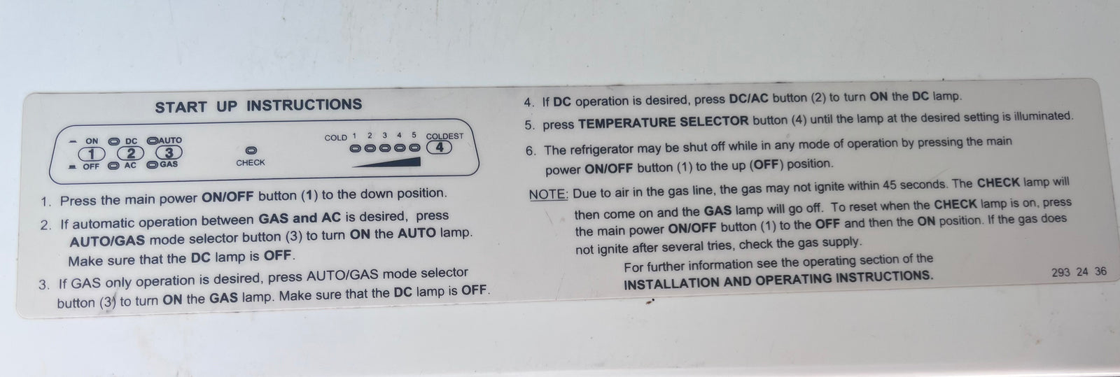 RV rental refrigerator start-up instructions detailing power modes (DC, AC, Gas) and temperature settings for operation.