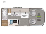 RV rental 18M floor plan: compact layout features wet bath, pull-out bed, kitchenette, storage, and swivel chairs.