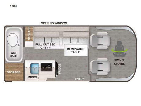 RV rental 18M floor plan: compact layout features wet bath, pull-out bed, kitchenette, storage, and swivel chairs.