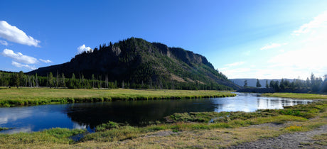 A scenic river flows past a forested mountain under a blue sky. Imagine this view from your RV rental adventure in nature.