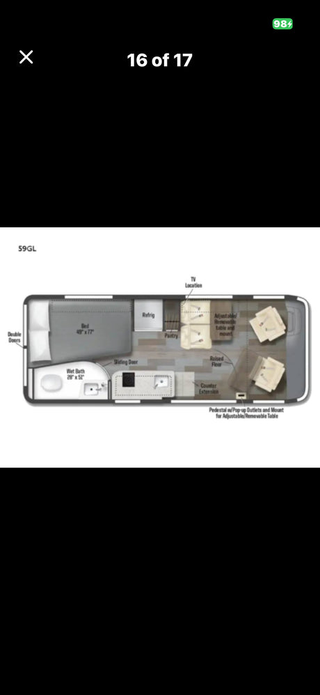 Floor plan of a 59GL rv rental, detailing its bed, wet bath, kitchen, and dining areas for a compact camper van.