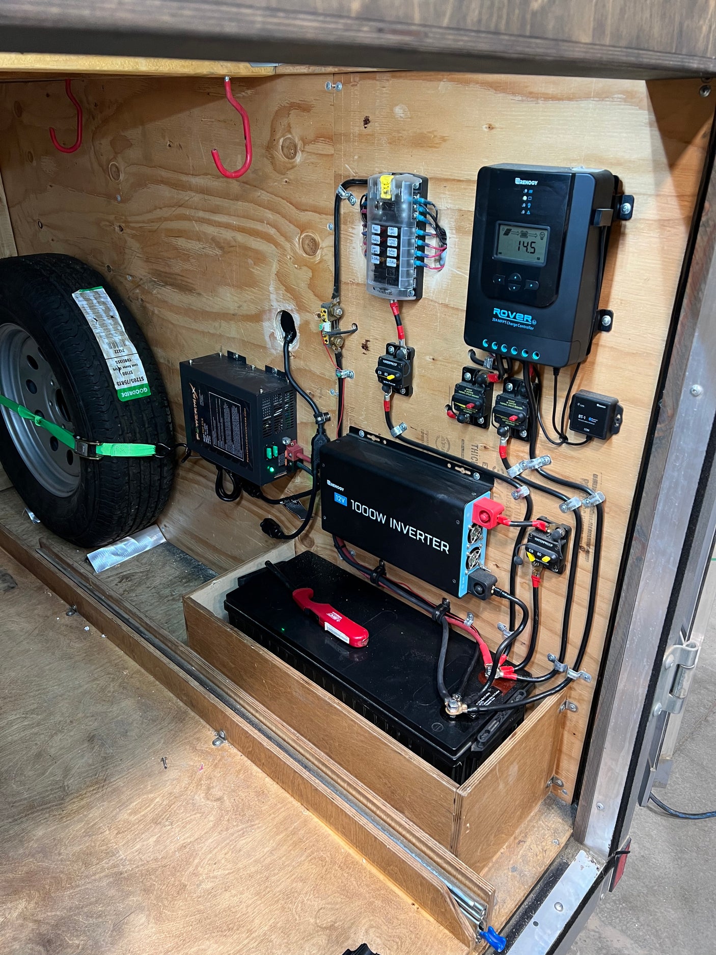 Inside an RV rental: a complex solar power setup with battery, inverter, charge controller, fuse box, and spare tire.