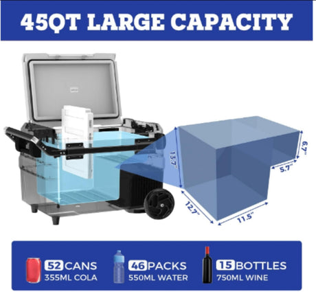 This 45QT portable fridge, perfect for rv rental, details its large capacity with dimensions and examples for drinks/food storage.