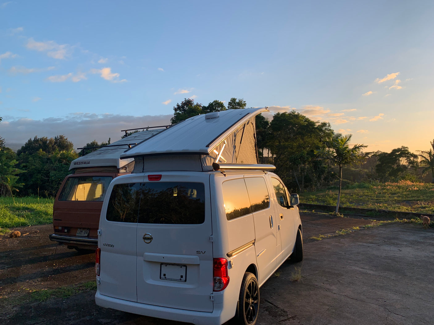 Golden hour with two parked camper vans: a white pop-top Nissan NV200 RV rental beside a brown Westfalia. Ready for outdoor travel.