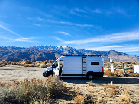 White rv rental van with open door, parked in a scenic desert landscape with snow-capped mountains and a clear sky. A small cat is nearby.