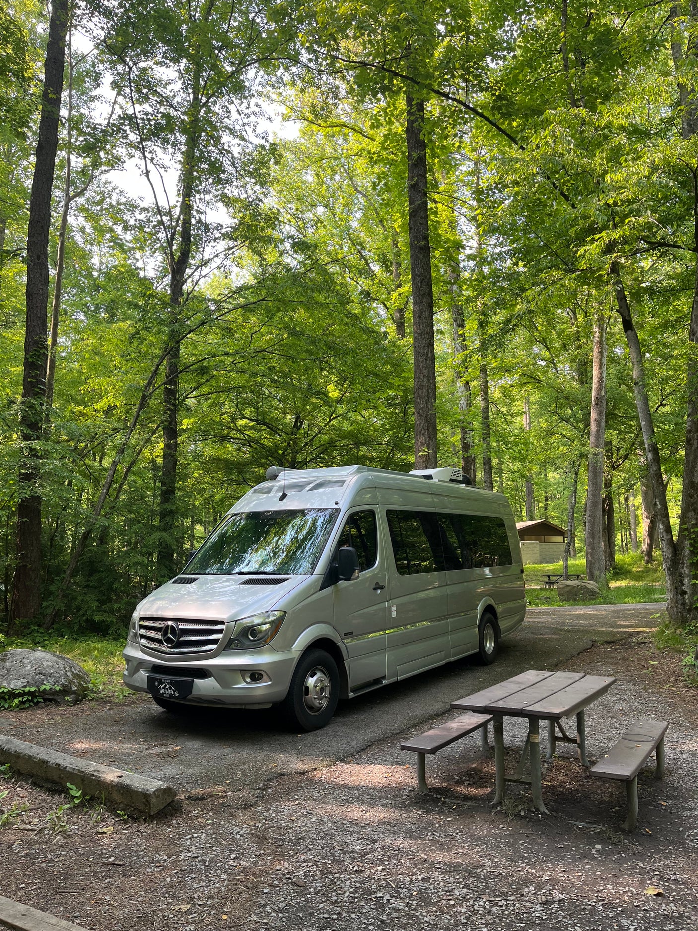 A silver Mercedes-Benz Sprinter rv rental is parked in a lush forest campground next to a rustic picnic table.