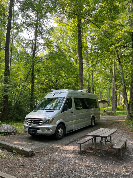 A silver Mercedes-Benz Sprinter rv rental is parked in a lush forest campground next to a rustic picnic table.