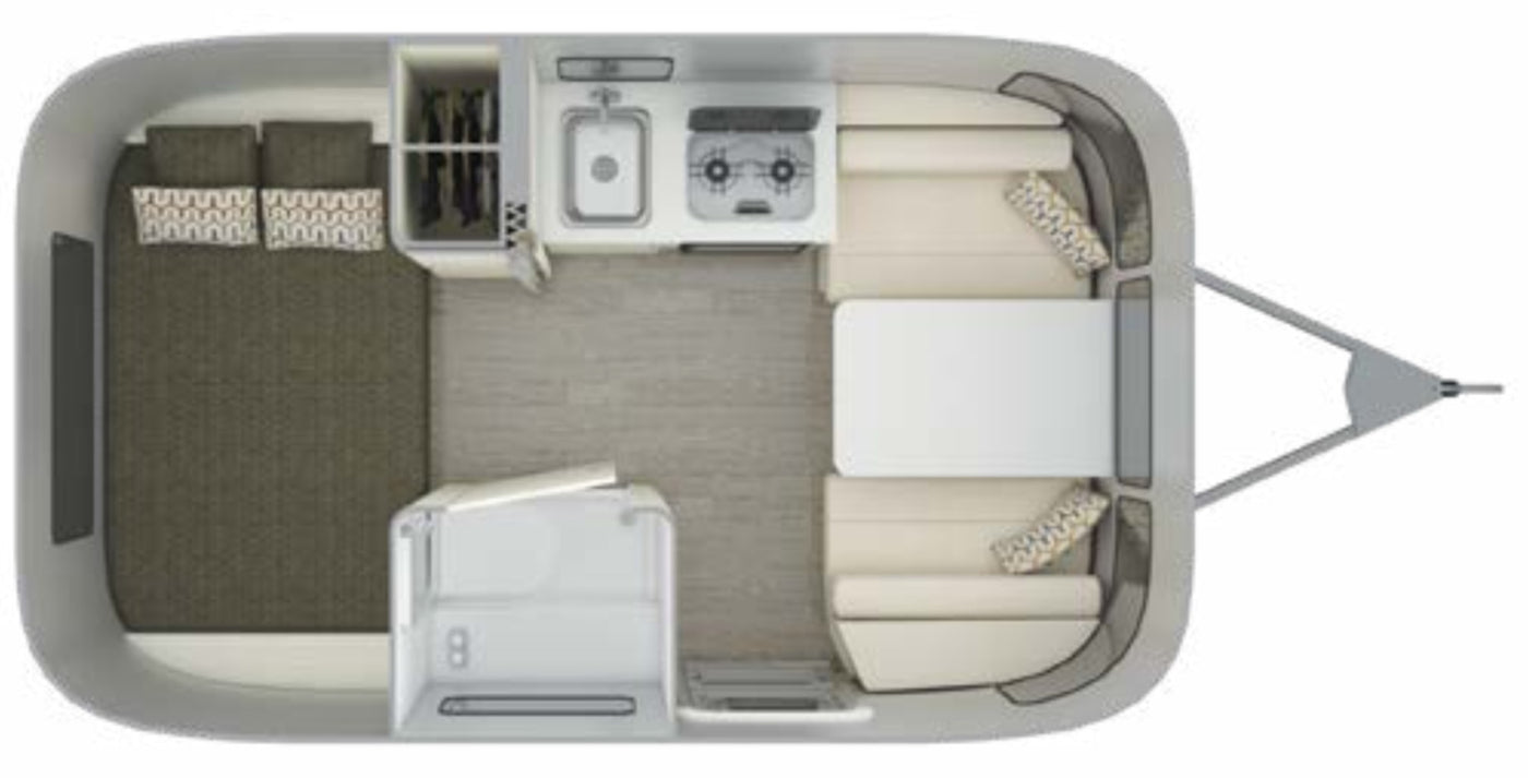 Top-down rv rental travel trailer floor plan showing bed, kitchen, dining, and bath layout. — photo 20
