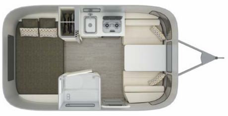 Top-down rv rental travel trailer floor plan showing bed, kitchen, dining, and bath layout.