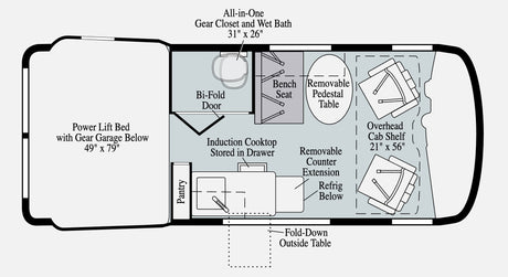 This RV rental floor plan shows a compact camper van's interior with bed, bath, kitchen, and seating areas.